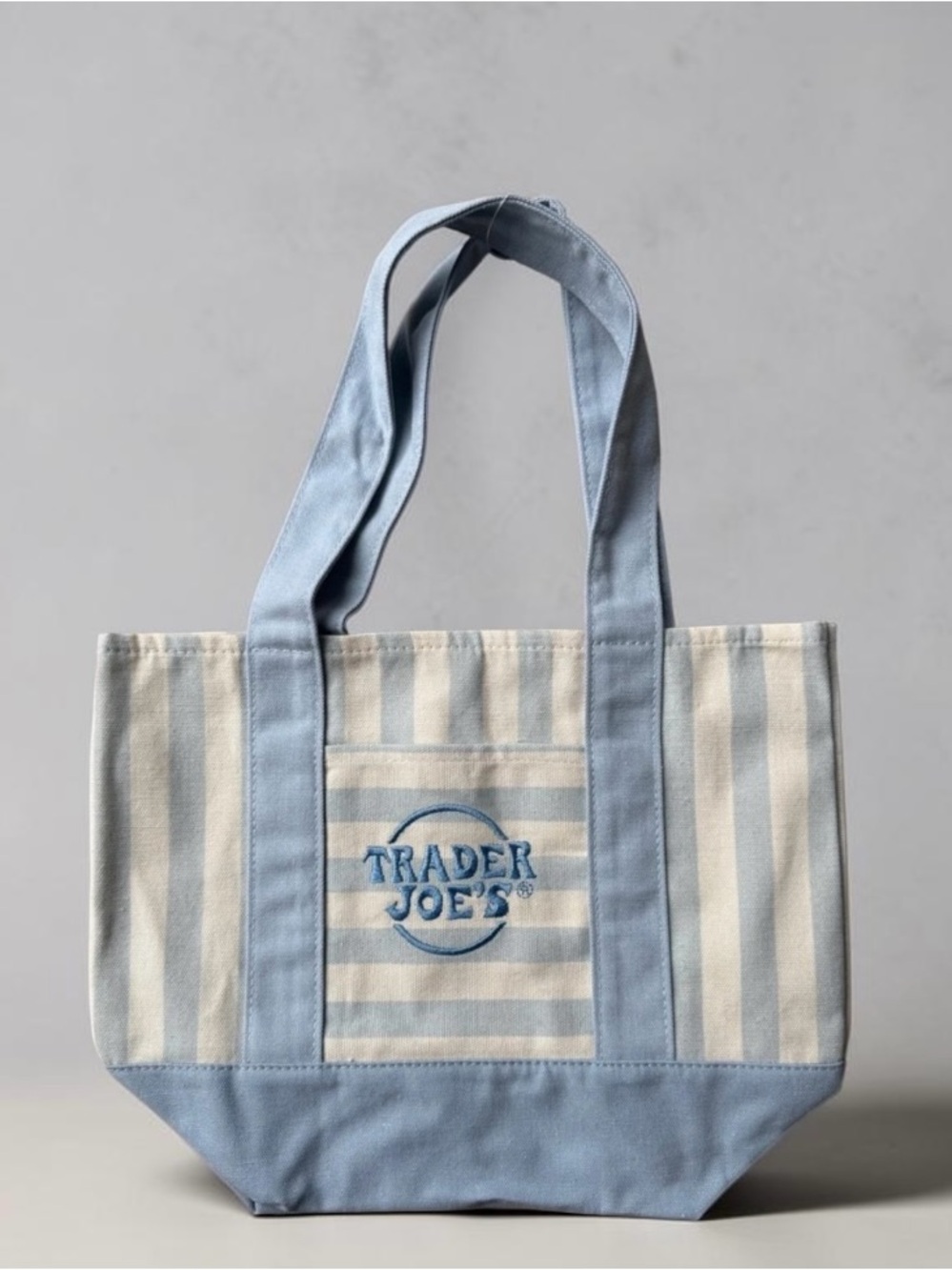 Limited edition Trader Joe's Striped Canvas Mini Tote — Blue & Cream